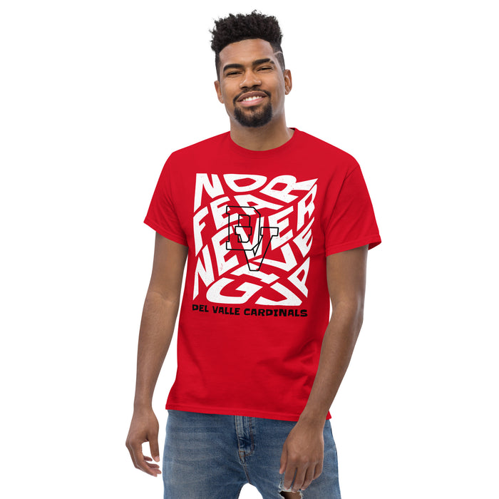 Man wearing Del Valle High School Cardinals Red Classic Unisex T-shirt 236