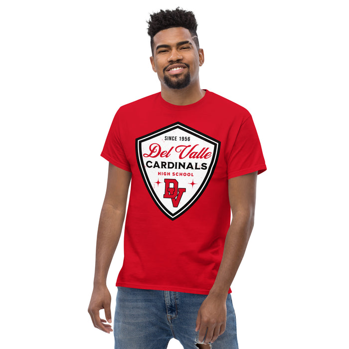 Man wearing Del Valle High School Cardinals Red Classic Unisex T-shirt 225