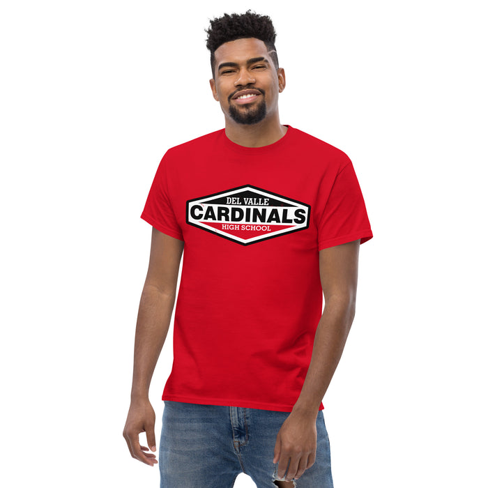 Man wearing Del Valle High School Cardinals Red Classic Unisex T-shirt 009