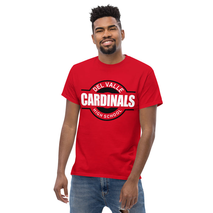 Man wearing Del Valle High School Cardinals Red Classic Unisex T-shirt 011