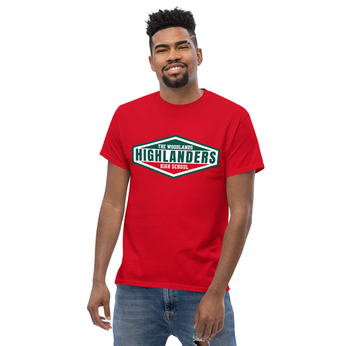 Front view of The Woodlands High School Highlanders Red Classic Unisex T-shirt 009