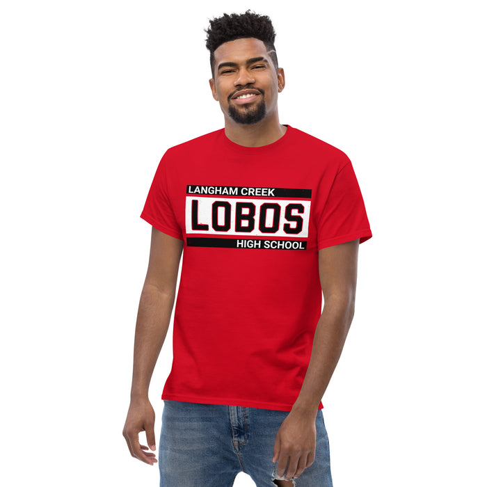 Front view of Man wearing Langham Creek High School Lobos Red Classic Unisex T-shirt 098