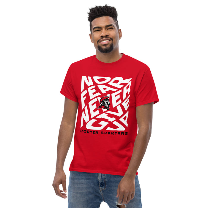 Front view of man wearing Porter High School Spartans Red Classic Unisex T-shirt 236