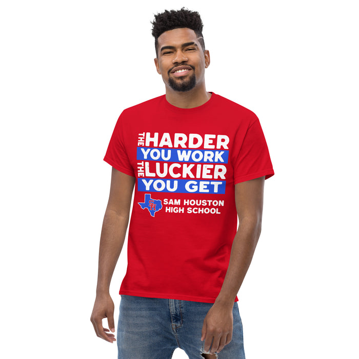 Man wearing Sam Houston High School Texans Red Classic Unisex T-shirt 238