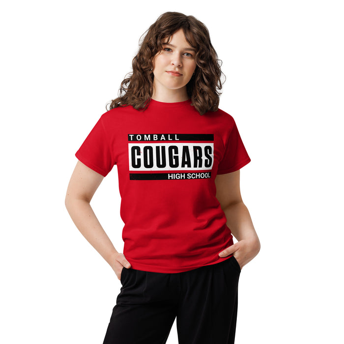 Woman wearing Tomball High School Cougars Classic Unisex Red T-shirt 098