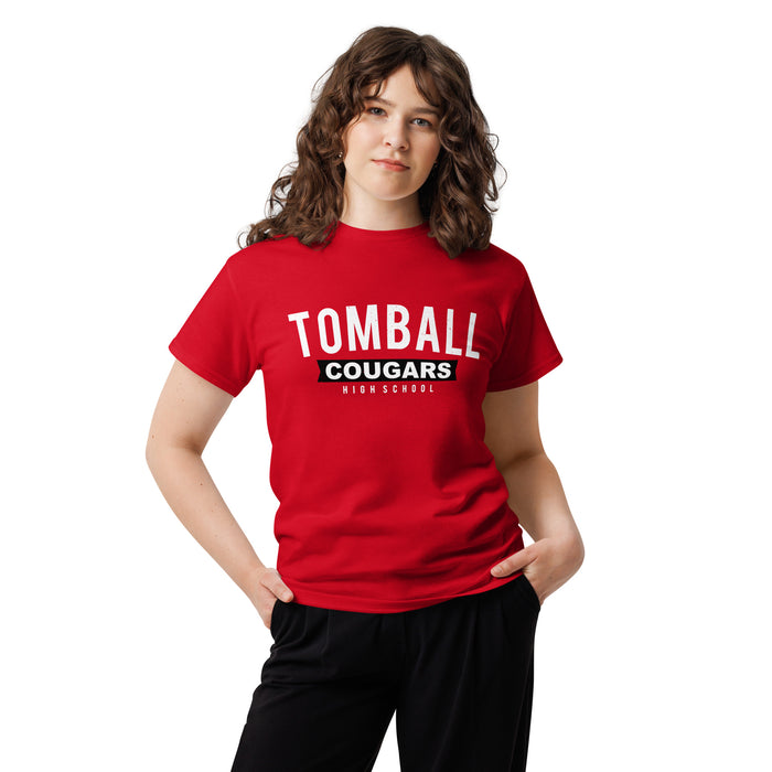 Woman wearing Tomball High School Cougars Classic Unisex Red T-shirt 021