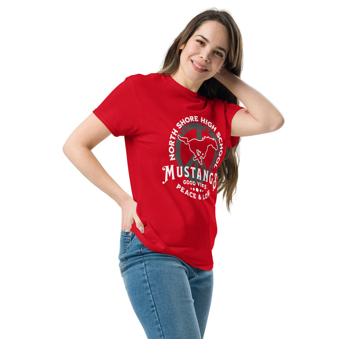 Woman wearing North Shore High School Mustangs Red Classic Unisex T-shirt 206