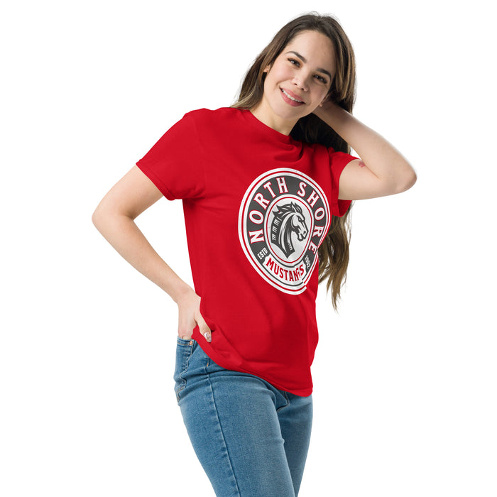 Woman wearing North Shore High School Mustangs Red Classic Unisex T-shirt 220