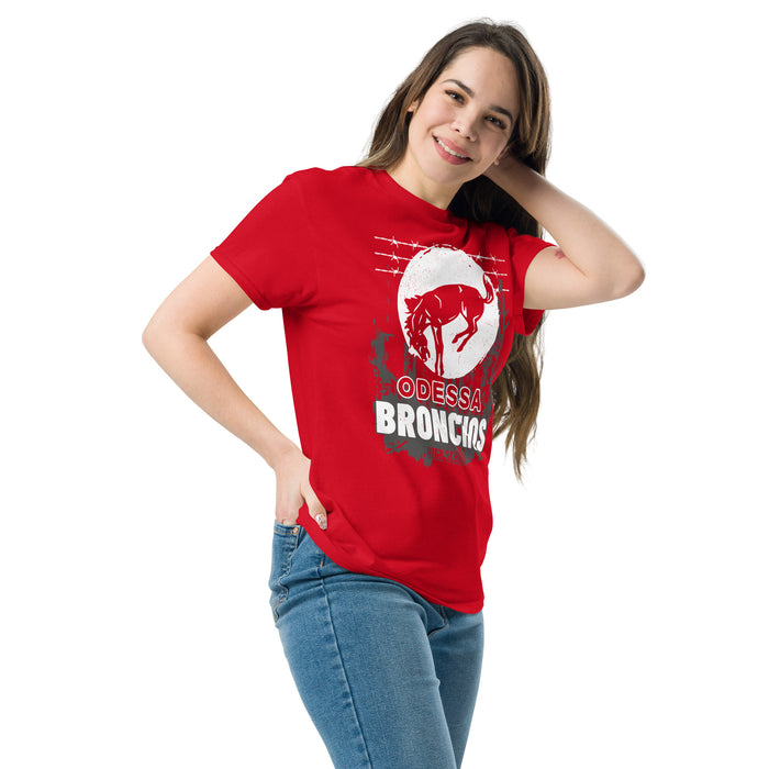 Woman wearing Odessa High School Bronchos Red Classic Unisex T-shirt 203