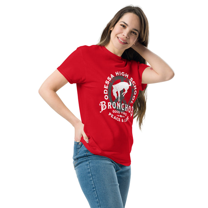 Woman wearing Odessa High School Bronchos Red Classic Unisex T-shirt 206