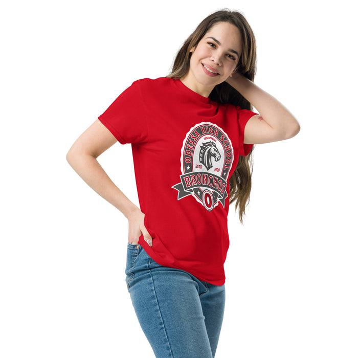 Woman wearing Odessa High School Bronchos Red Classic Unisex T-shirt 212