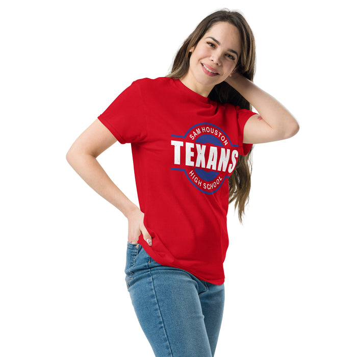 Woman wearing Sam Houston High School Texans Red Classic Unisex T-shirt 011