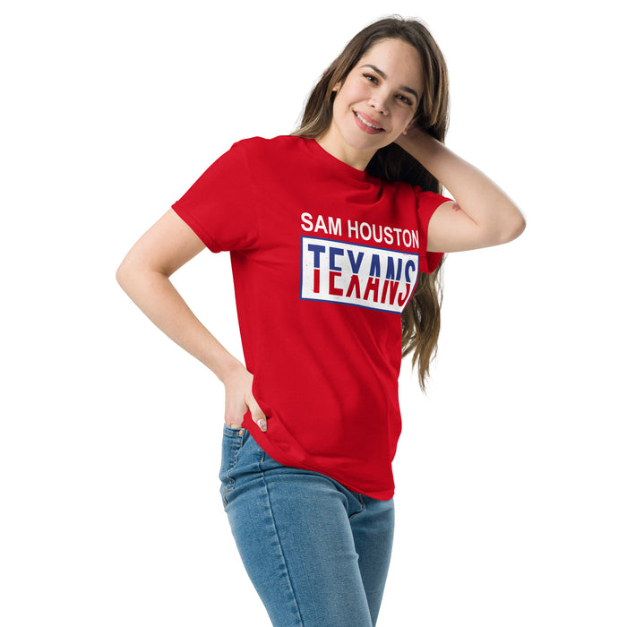 Woman wearing Sam Houston High School Texans Red Classic Unisex T-shirt 031