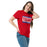 Woman wearing Sam Houston High School Texans Red Classic Unisex T-shirt 098