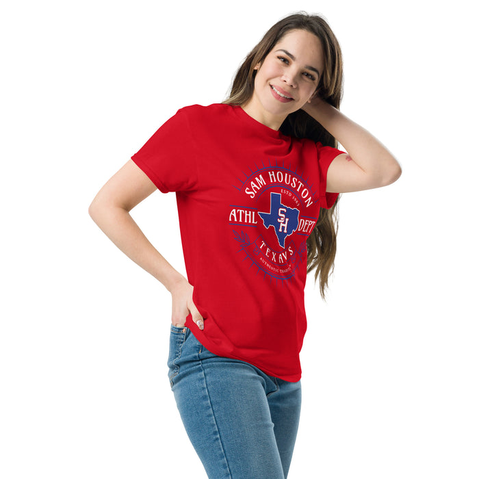 Woman wearing Sam Houston High School Texans Red Classic Unisex T-shirt 201