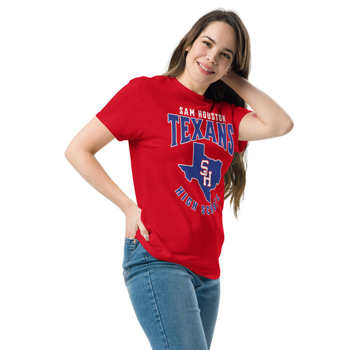 Woman wearing Sam Houston High School Texans Red Classic Unisex T-shirt 213