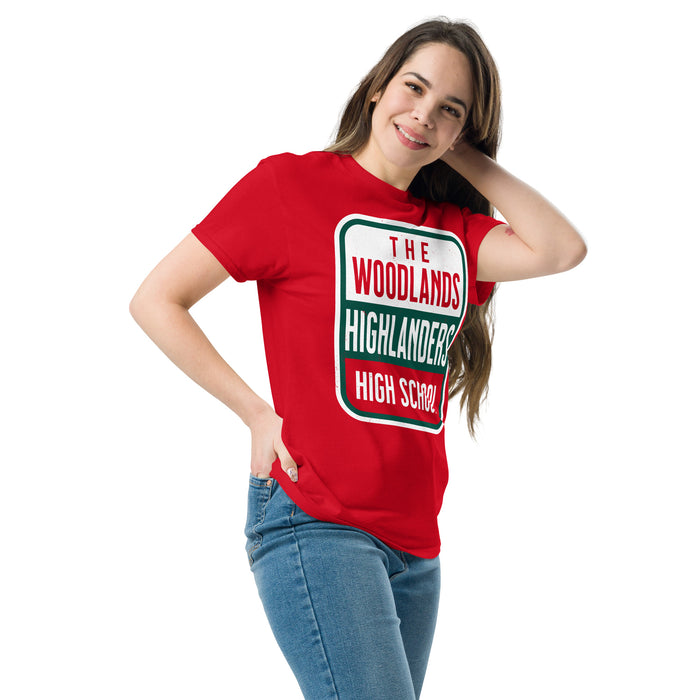 Woman wearing The Woodlands High School Highlanders Red Classic Unisex T-shirt 001