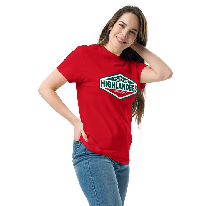 Woman wearing The Woodlands High School Highlanders Red Classic Unisex T-shirt 009