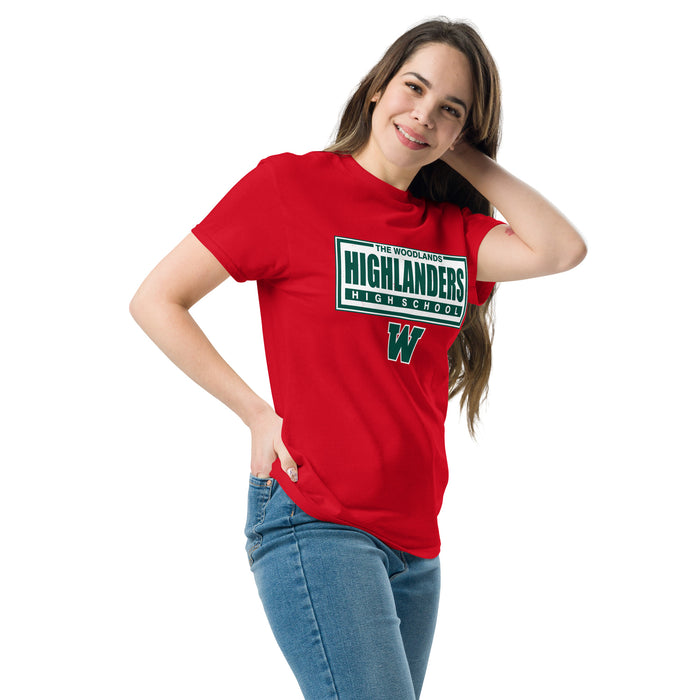 Woman wearing The Woodlands High School Highlanders Red Classic Unisex T-shirt 049