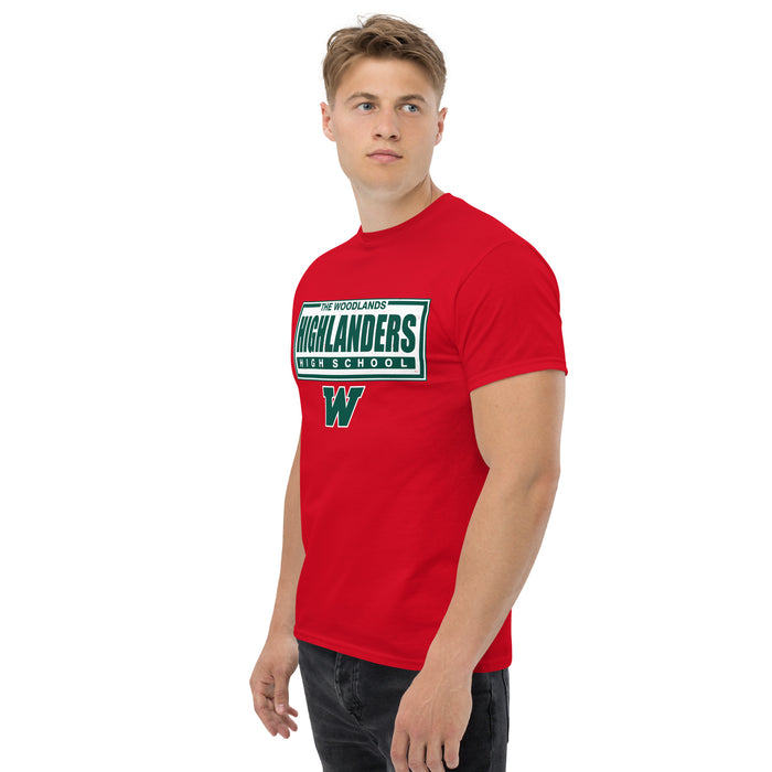 Side view of The Woodlands High School Highlanders Red Classic Unisex T-shirt 049