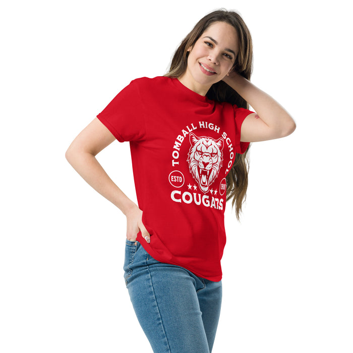 Woman wearing Tomball High School Cougars Red Classic Unisex T-shirt 208