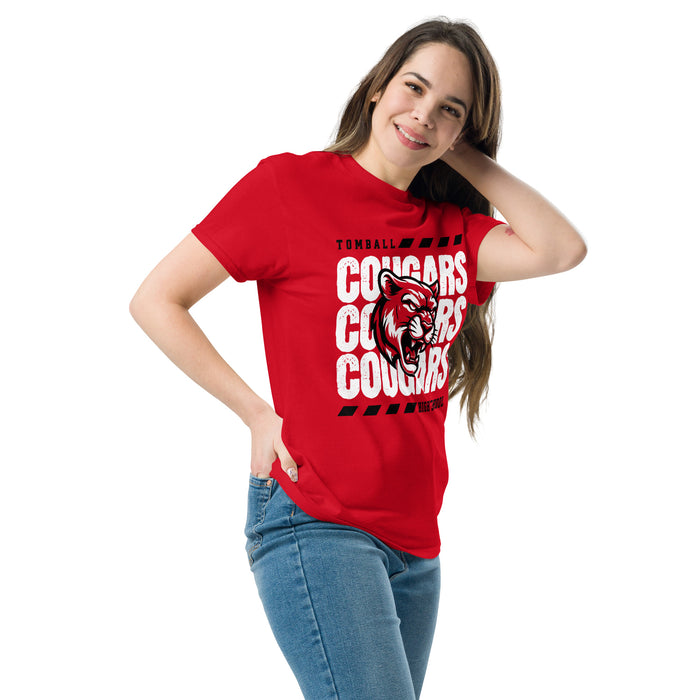 Woman wearing Tomball High School Cougars Red Classic Unisex T-shirt 223