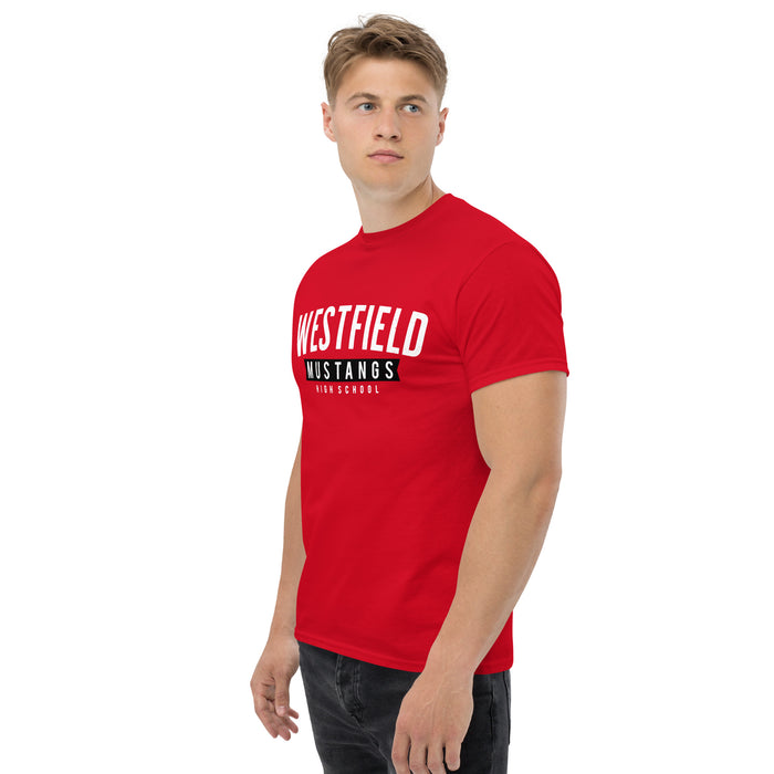 Side view of Westfield High School Mustangs Red Classic Unisex T-shirt 021