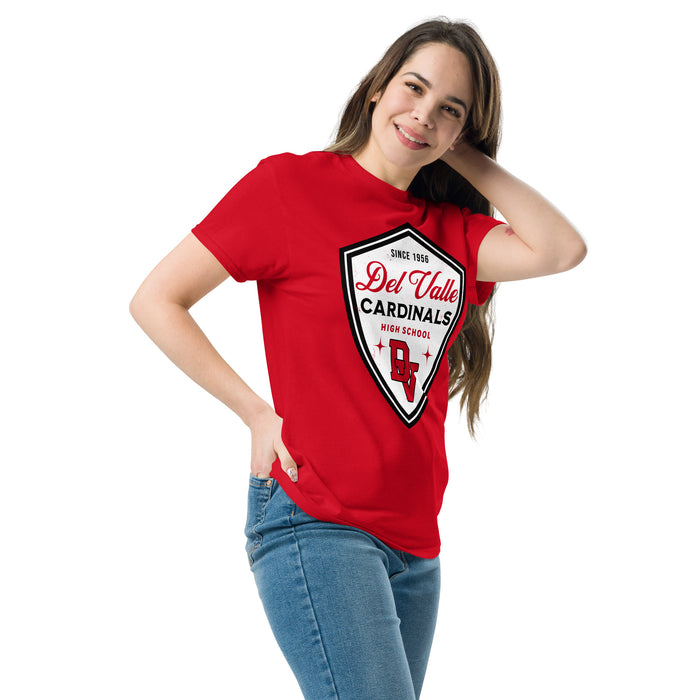 Woman wearing Del Valle High School Cardinals Red Classic Unisex T-shirt 225