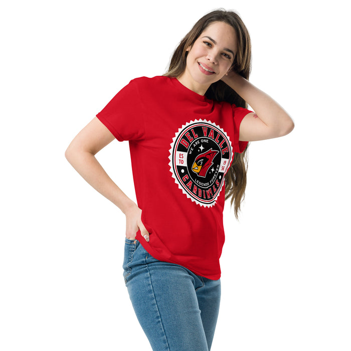Woman wearing Del Valle High School Cardinals Red Classic Unisex T-shirt 203