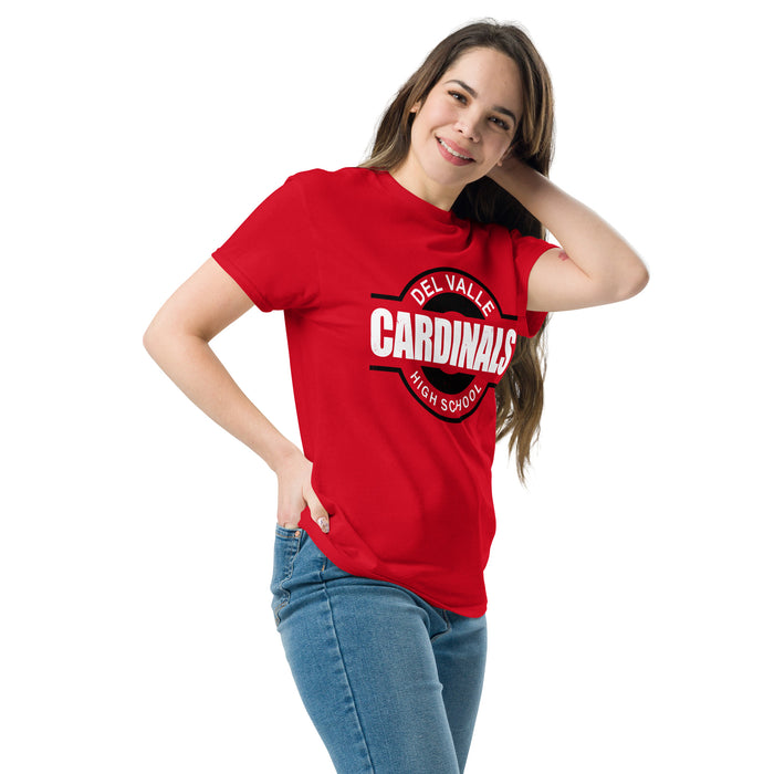 Woman wearing Del Valle High School Cardinals Red Classic Unisex T-shirt 011