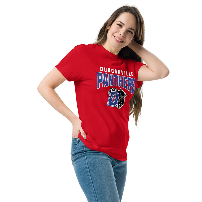 Woman wearing Duncanville High School Panthers Red Classic Unisex T-shirt 234