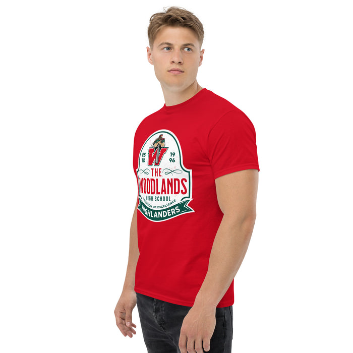Man wearing The Woodlands High School Highlanders Red Classic Unisex T-shirt 219