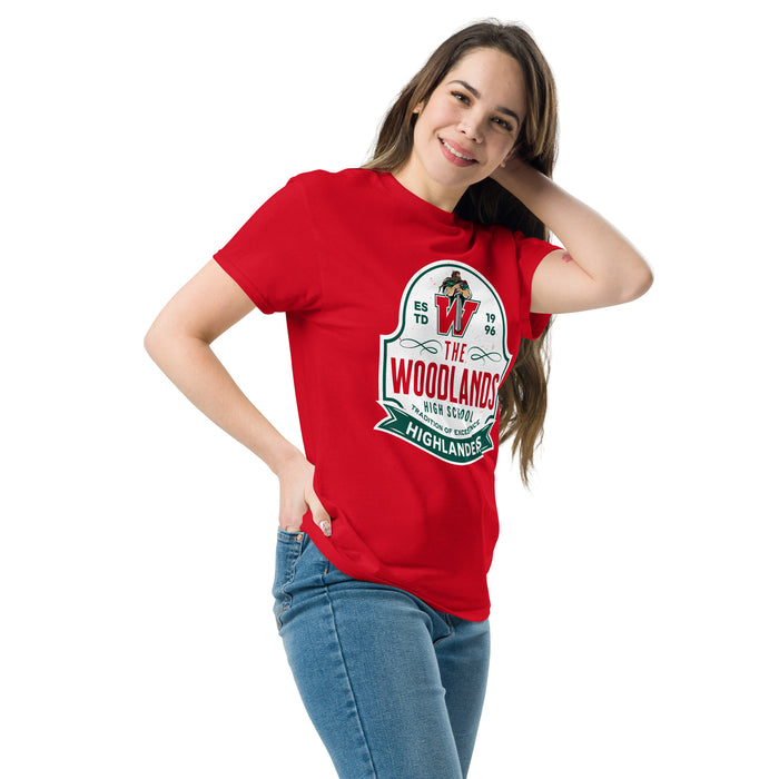 Woman wearing The Woodlands High School Highlanders Red Classic Unisex T-shirt 219