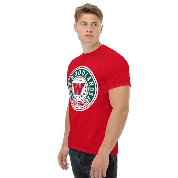 Man wearing The Woodlands High School Highlanders Red Classic Unisex T-shirt 203