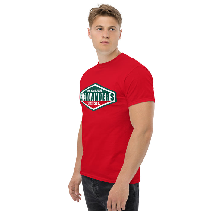 Man wearing The Woodlands High School Highlanders Red Classic Unisex T-shirt 009