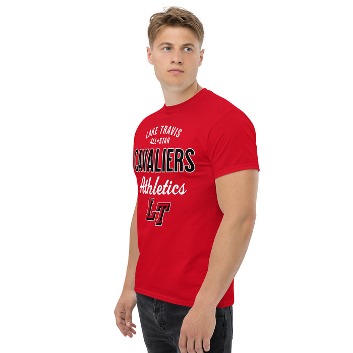 Man wearing Lake Travis High School Cavaliers Red Classic Unisex T-shirt 034