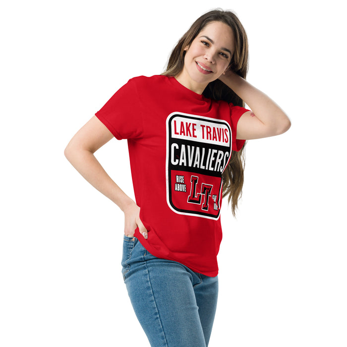 Woman wearing Lake Travis High School Cavaliers Red Classic Unisex T-shirt 001