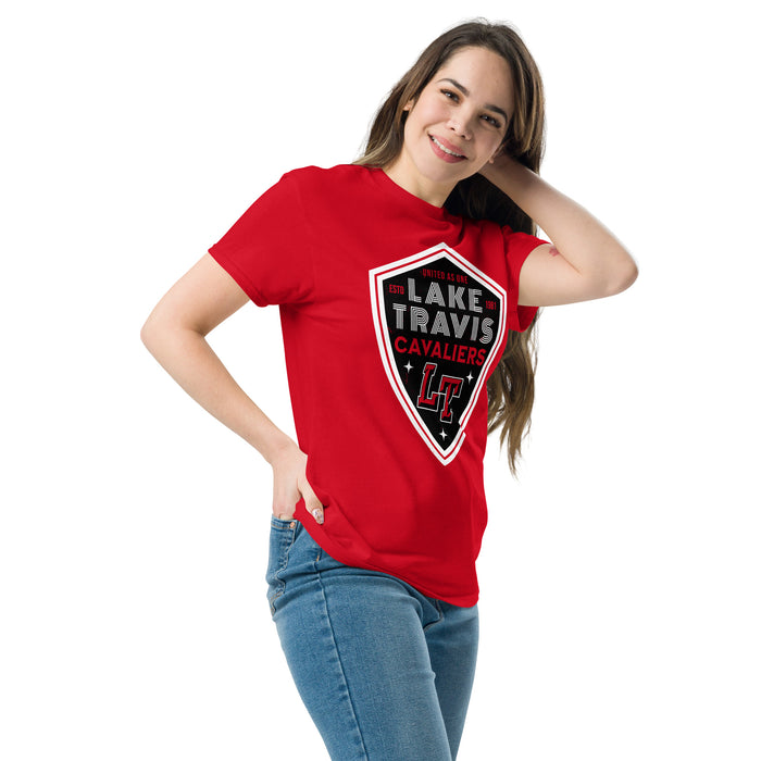 Woman wearing Lake Travis High School Cavaliers Red Classic Unisex T-shirt 225