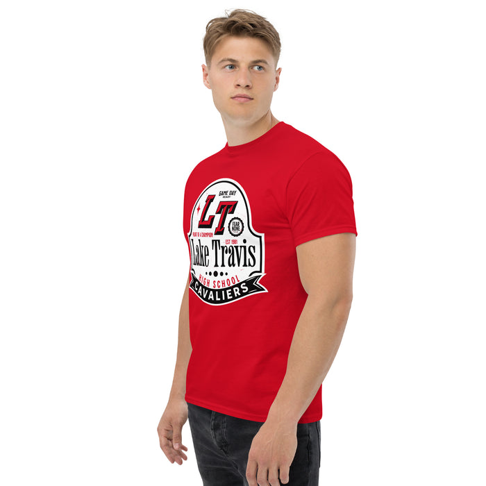 Man wearing Lake Travis High School Cavaliers Red Classic Unisex T-shirt 219