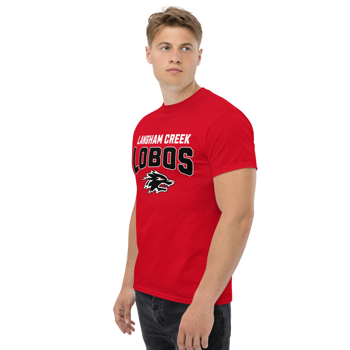 Man wearing Langham Creek High School Lobos Red Classic Unisex T-shirt 234