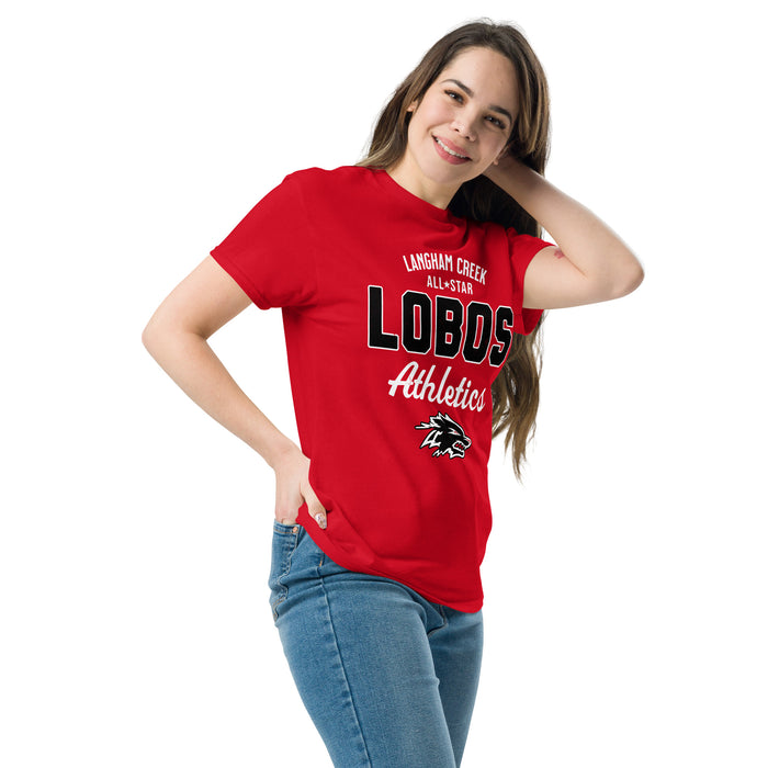 Woman wearing Langham Creek High School Lobos Red Classic Unisex T-shirt 034