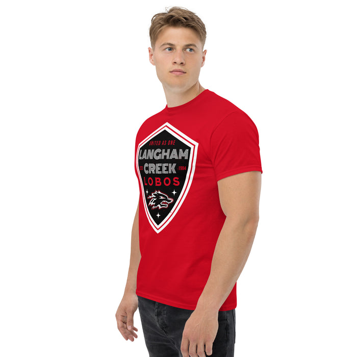 Man wearing Langham Creek High School Lobos Red Classic Unisex T-shirt 225