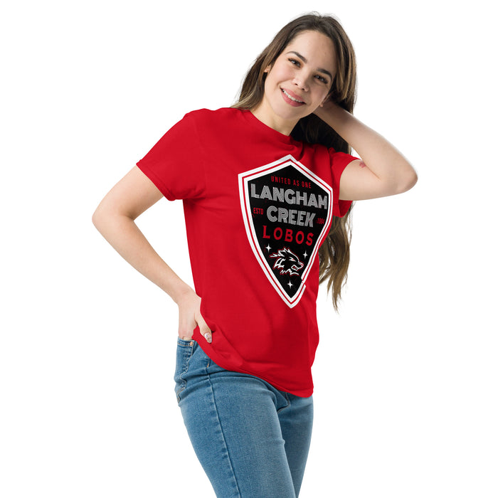 Woman wearing Langham Creek High School Lobos Red Classic Unisex T-shirt 225