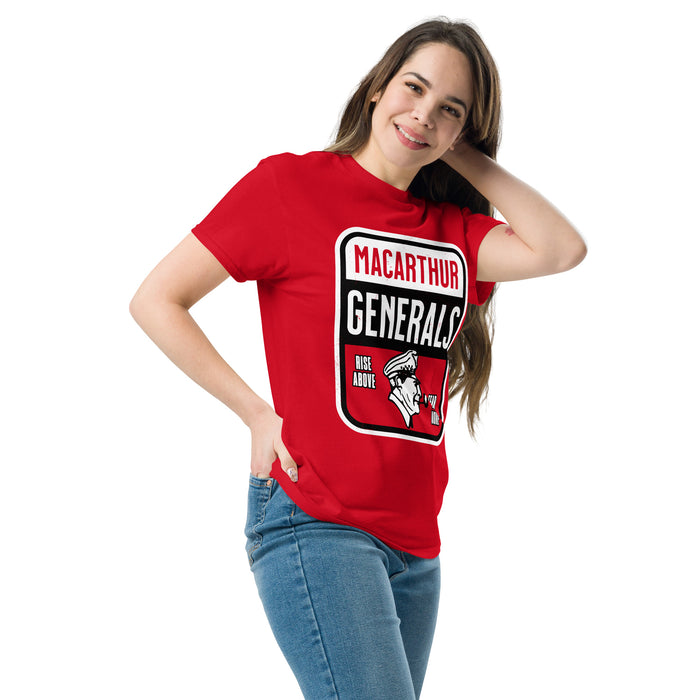 Woman wearing MacArthur High School Generals Red Classic Unisex T-shirt 001