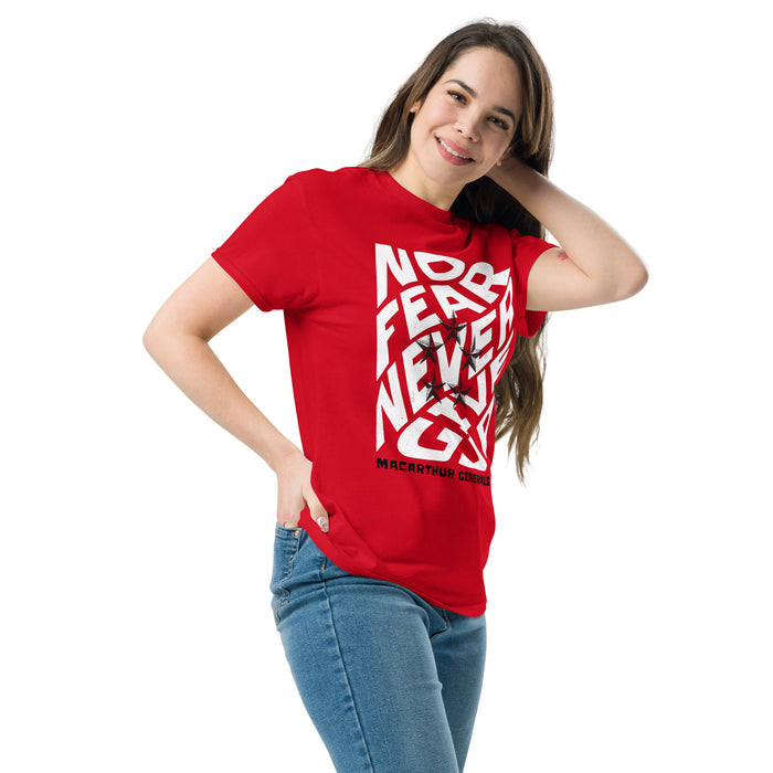 Woman wearing MacArthur High School Generals Red Classic Unisex T-shirt 236