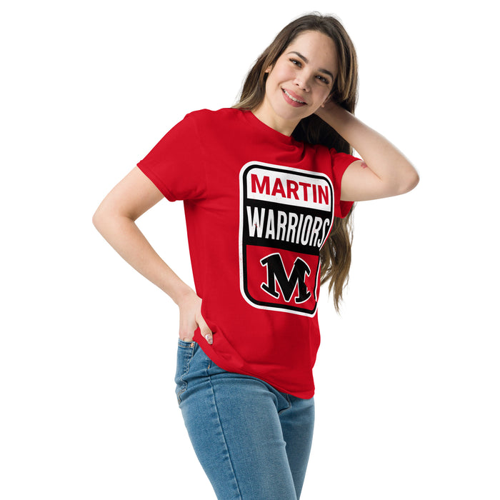 Woman wearing Martin High School Warriors Red Classic Unisex T-shirt 001