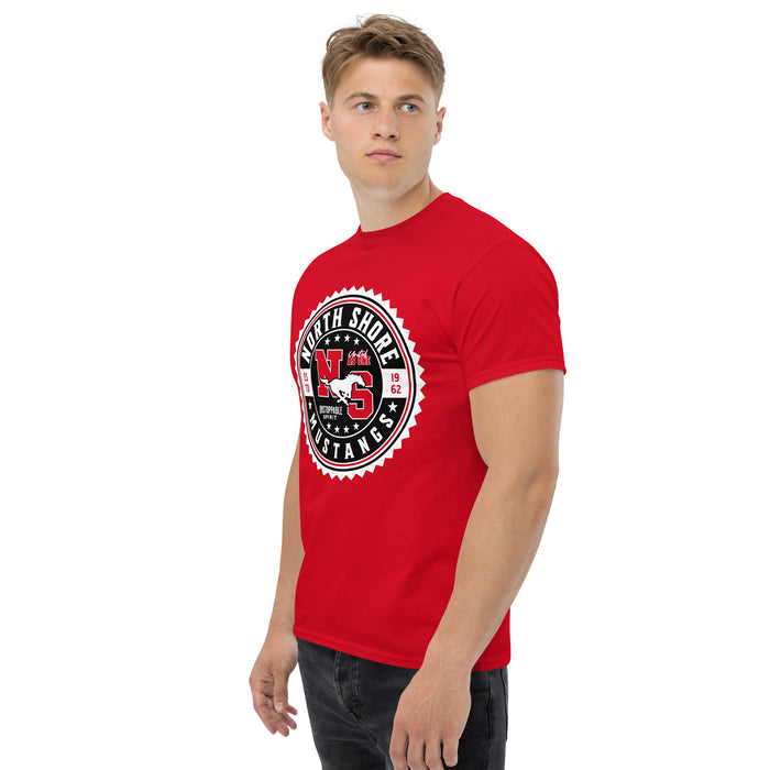 Man wearing North Shore High School Mustangs Red Classic Unisex T-shirt 203