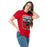 Woman wearing North Shore High School Mustangs Red Classic Unisex T-shirt 001