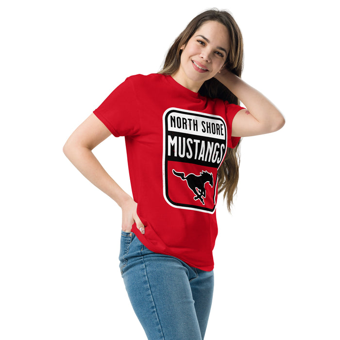 Woman wearing North Shore High School Mustangs Red Classic Unisex T-shirt 001