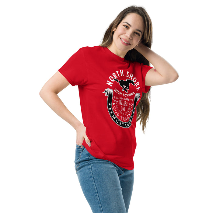 Woman wearing North Shore High School Mustangs Red Classic Unisex T-shirt 229